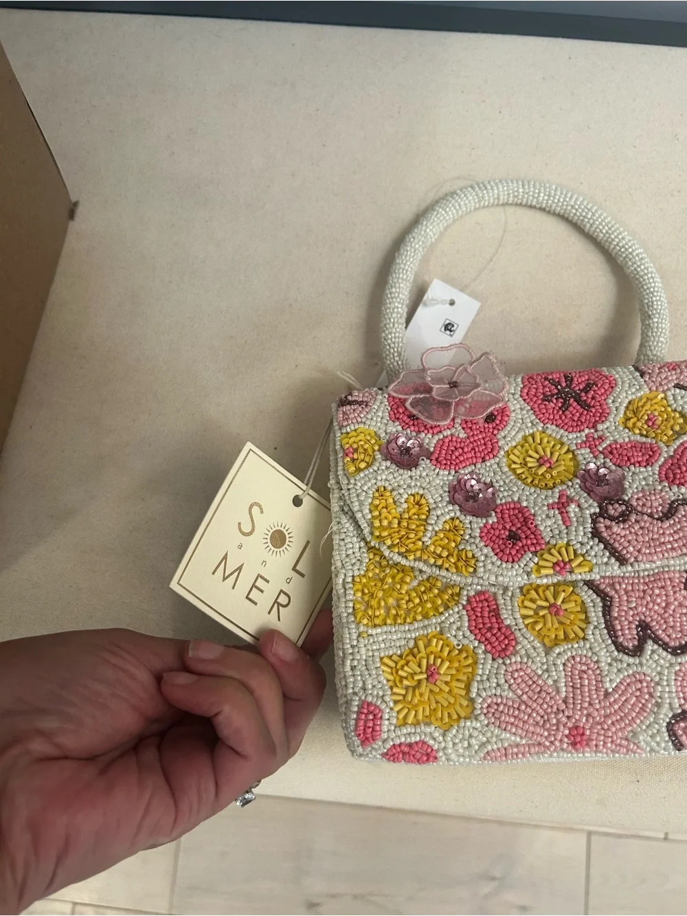 NWT SOL and MER top handle beaded and floral shoulder bag.